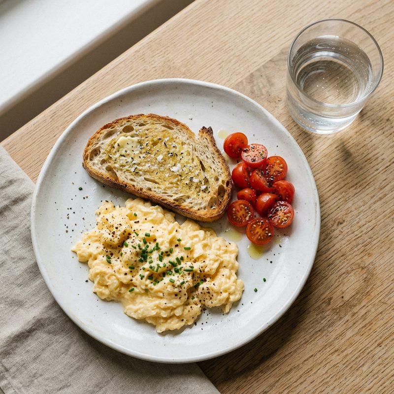 Scrambled eggs with toast and tomatoes