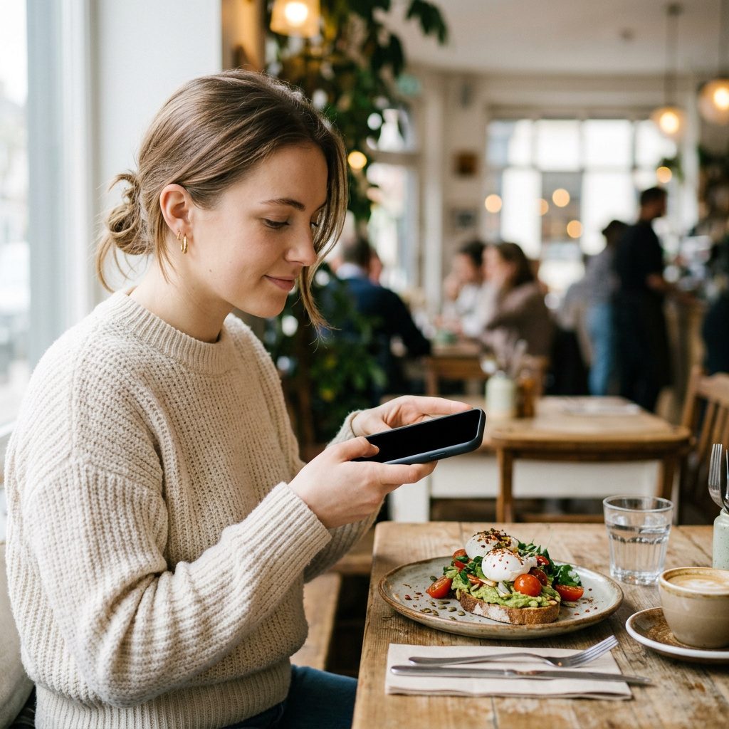A woman photographing her lunch at a cafe table