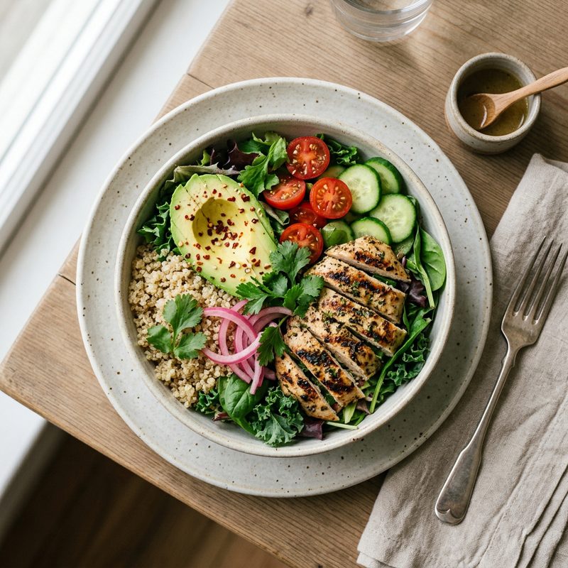 Chicken and quinoa bowl with avocado